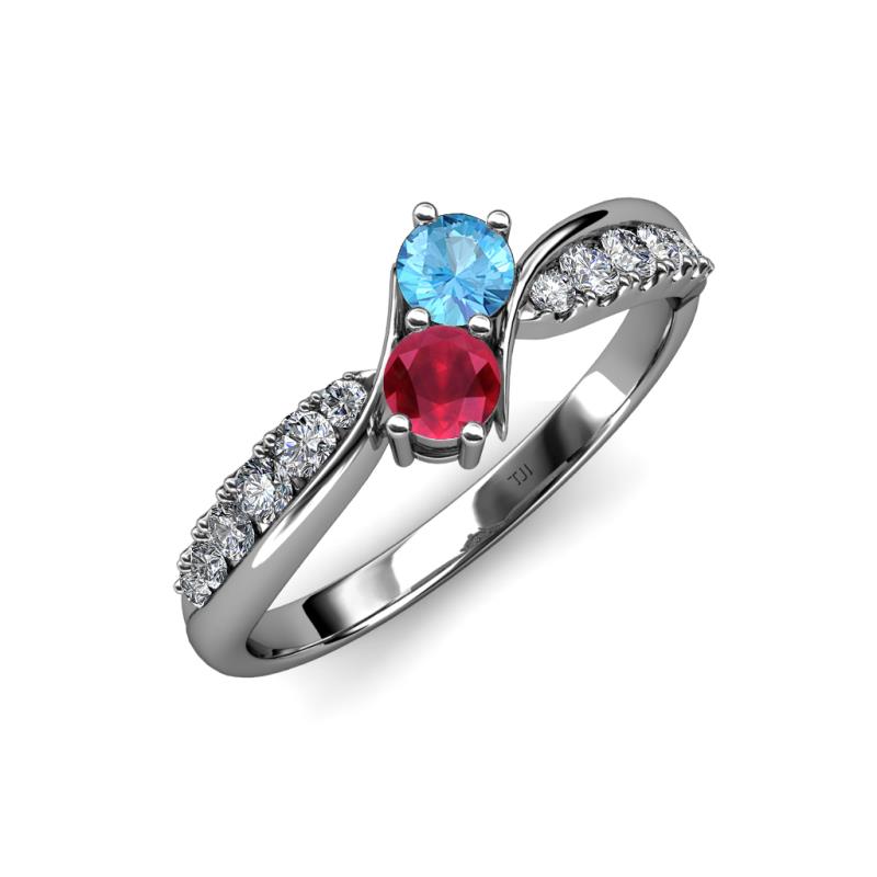 Nicia Blue Topaz and Ruby with Side Diamonds Bypass Ring 