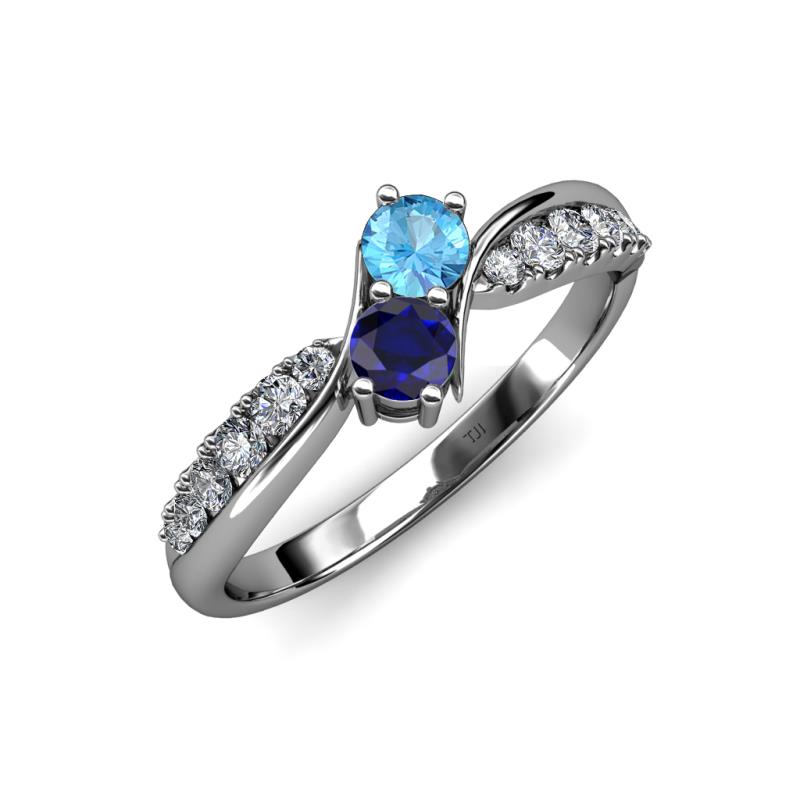 Nicia Blue Topaz and Blue Sapphire with Side Diamonds Bypass Ring 