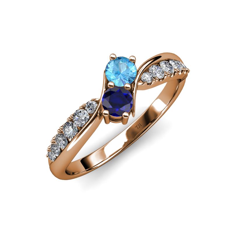 Nicia Blue Topaz and Blue Sapphire with Side Diamonds Bypass Ring 