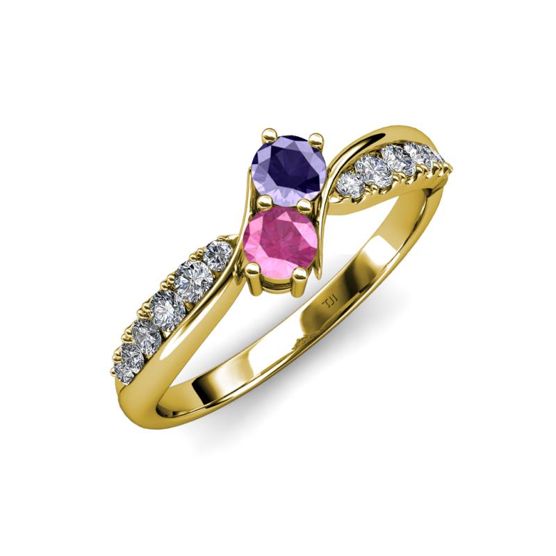 Nicia Iolite and Pink Sapphire with Side Diamonds Bypass Ring 