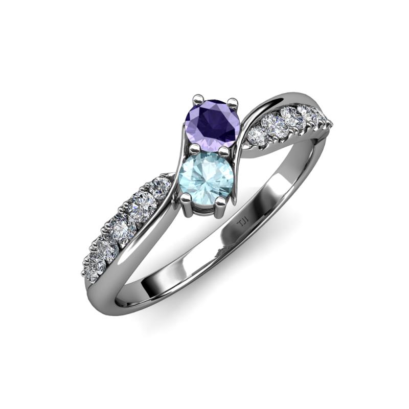 Nicia Iolite and Aquamarine with Side Diamonds Bypass Ring 