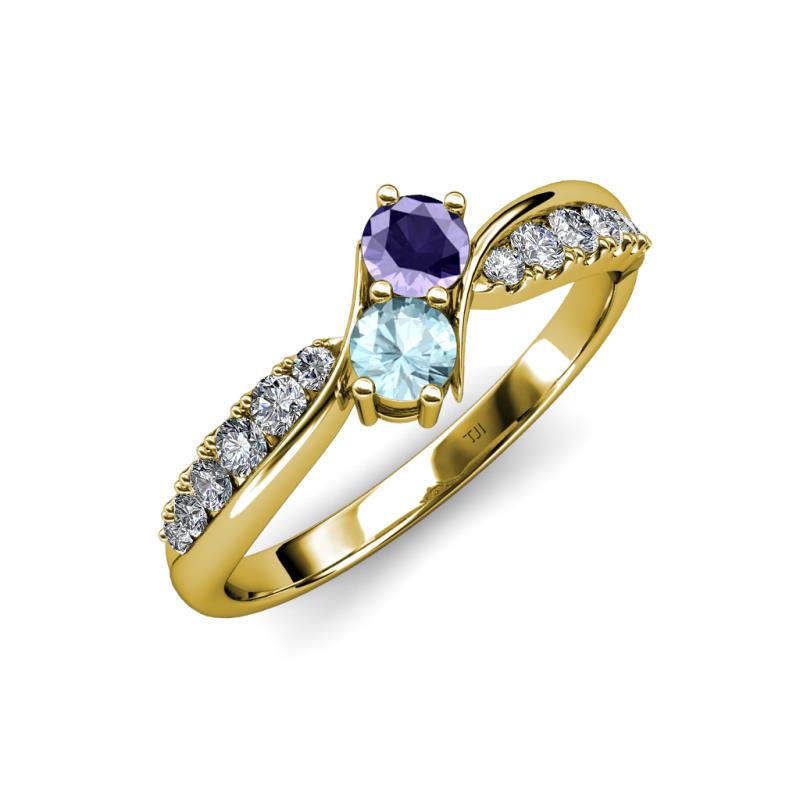 Nicia Iolite and Aquamarine with Side Diamonds Bypass Ring 