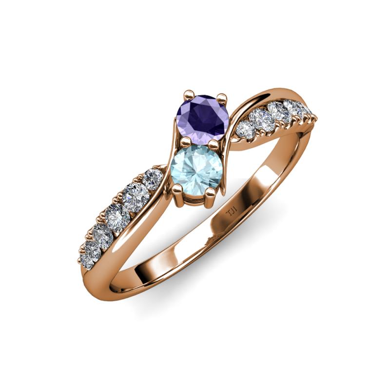 Nicia Iolite and Aquamarine with Side Diamonds Bypass Ring 