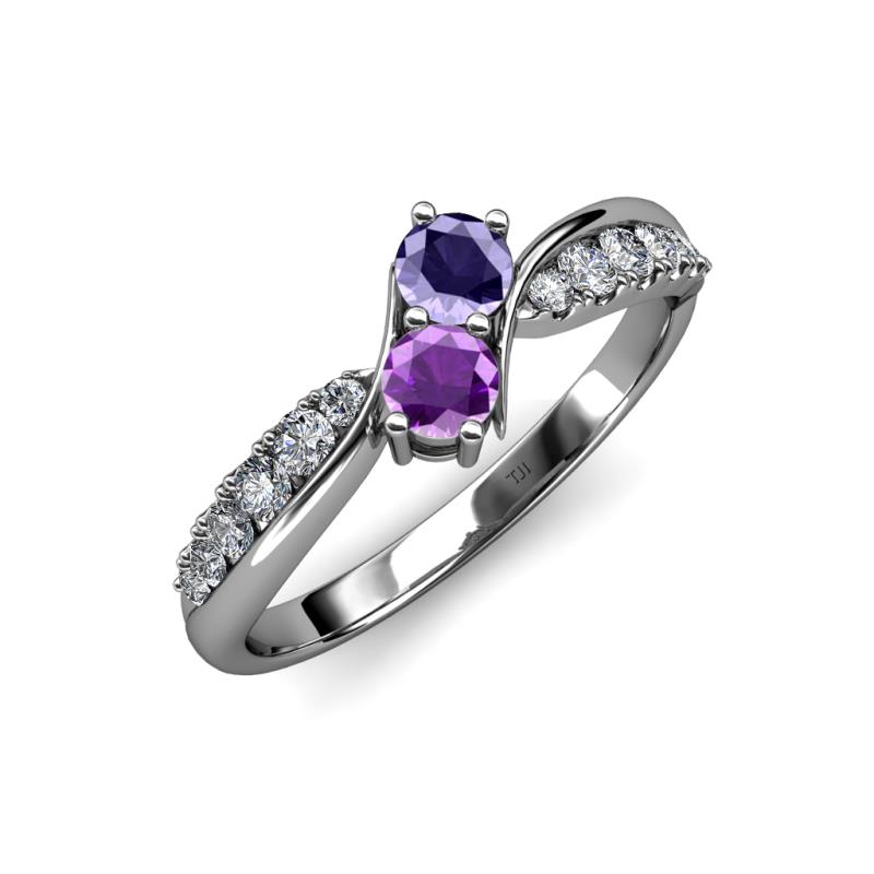 Nicia Iolite and Amethyst with Side Diamonds Bypass Ring 