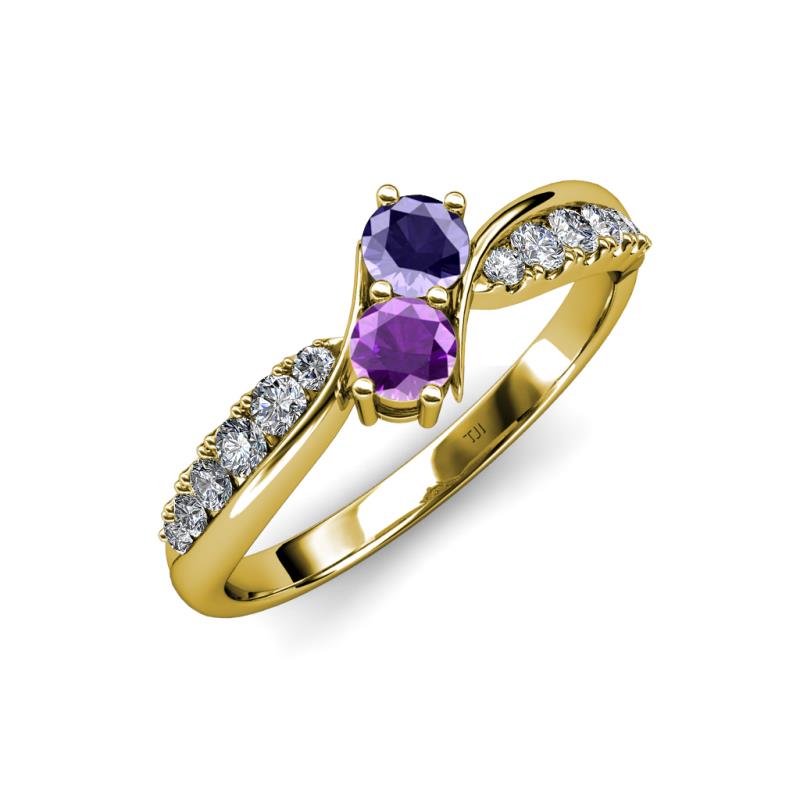 Nicia Iolite and Amethyst with Side Diamonds Bypass Ring 