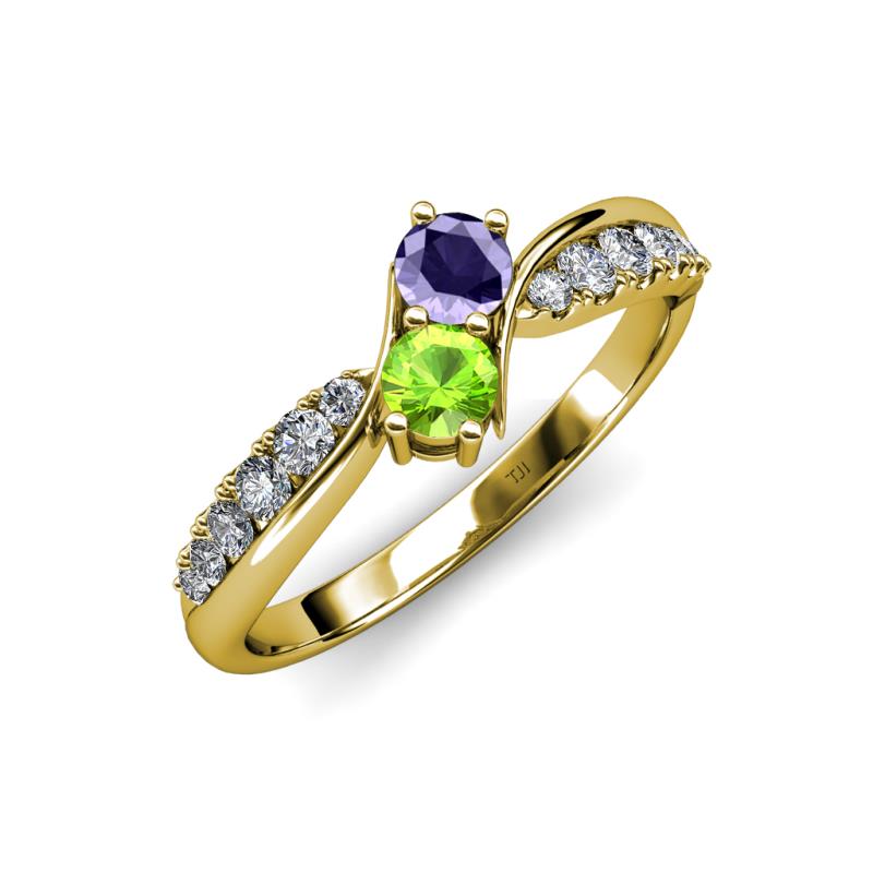 Nicia Iolite and Peridot with Side Diamonds Bypass Ring 