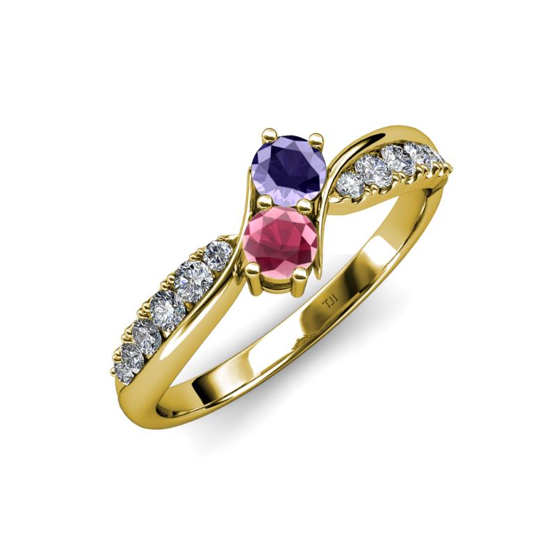 Nicia Iolite and Rhodolite Garnet with Side Diamonds Bypass Ring 
