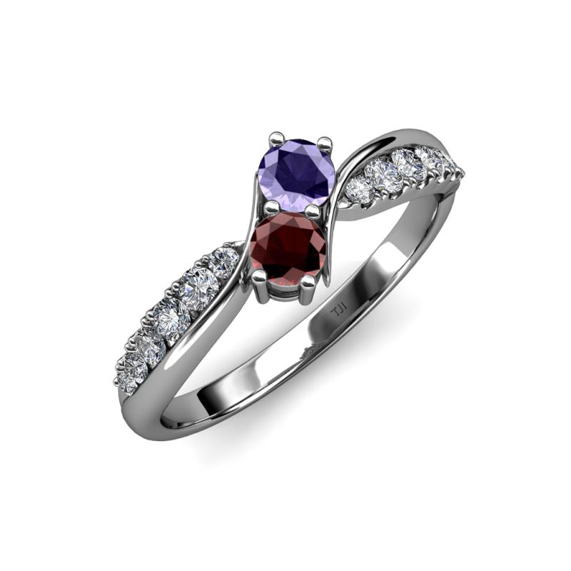 Nicia Iolite and Red Garnet with Side Diamonds Bypass Ring 