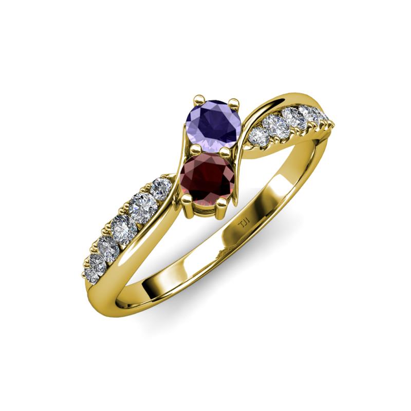 Nicia Iolite and Red Garnet with Side Diamonds Bypass Ring 