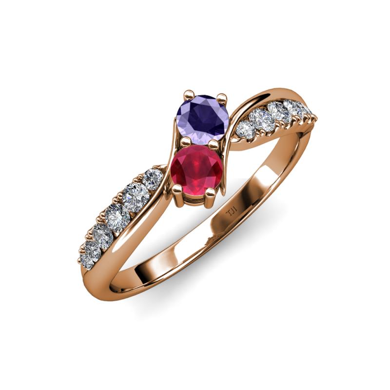 Nicia Iolite and Ruby with Side Diamonds Bypass Ring 