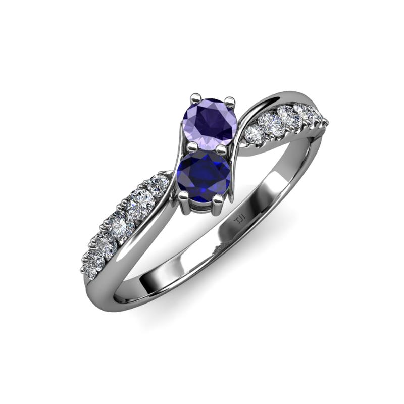 Nicia Iolite and Blue Sapphire with Side Diamonds Bypass Ring 