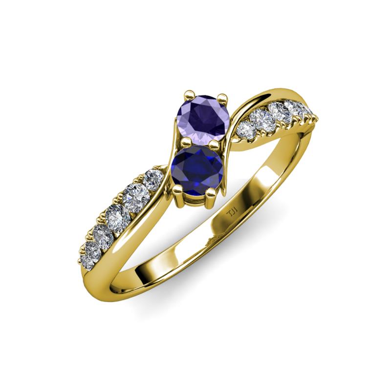 Nicia Iolite and Blue Sapphire with Side Diamonds Bypass Ring 