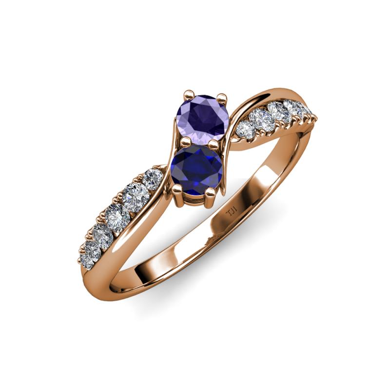 Nicia Iolite and Blue Sapphire with Side Diamonds Bypass Ring 