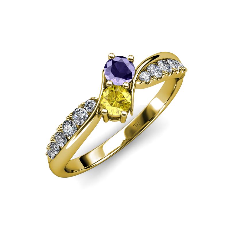 Nicia Iolite and Yellow Sapphire with Side Diamonds Bypass Ring 