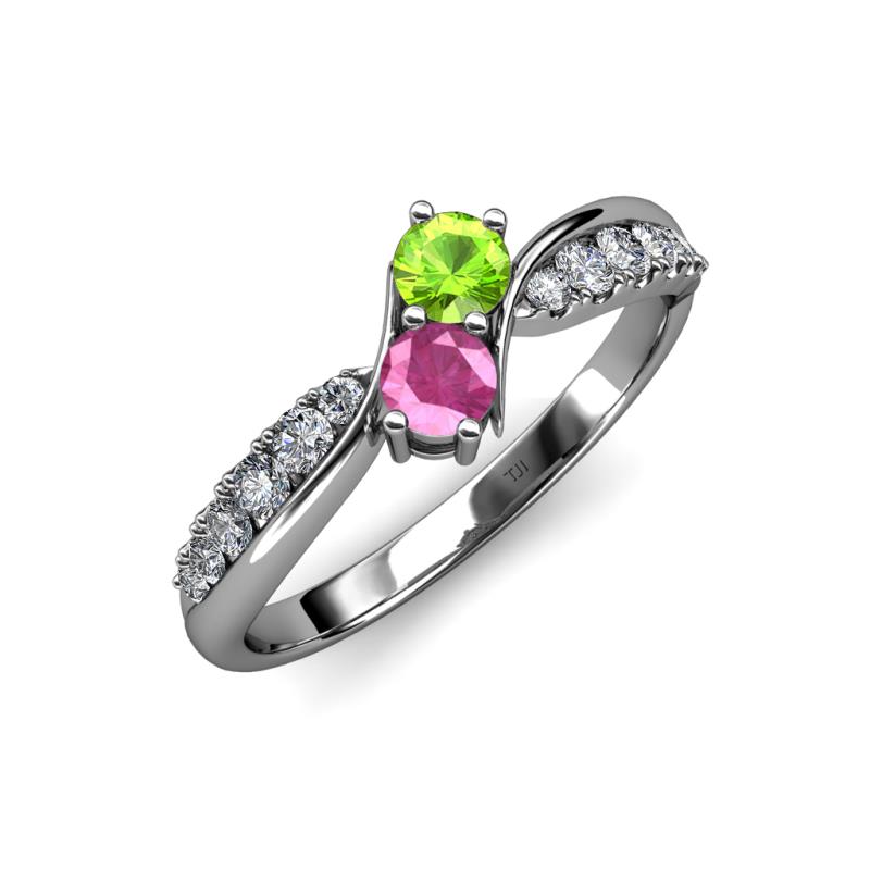 Nicia Peridot and Pink Sapphire with Side Diamonds Bypass Ring 