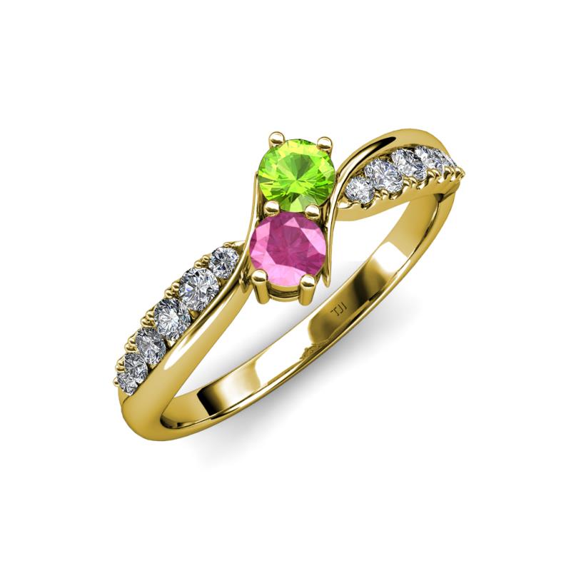 Nicia Peridot and Pink Sapphire with Side Diamonds Bypass Ring 