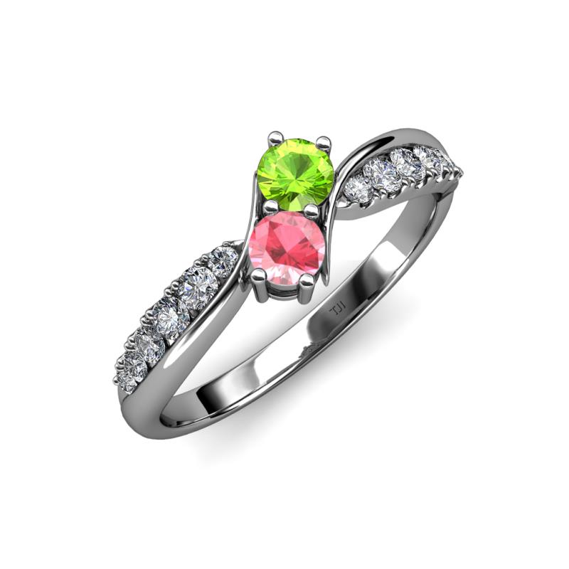 Nicia Peridot and Pink Tourmaline with Side Diamonds Bypass Ring 