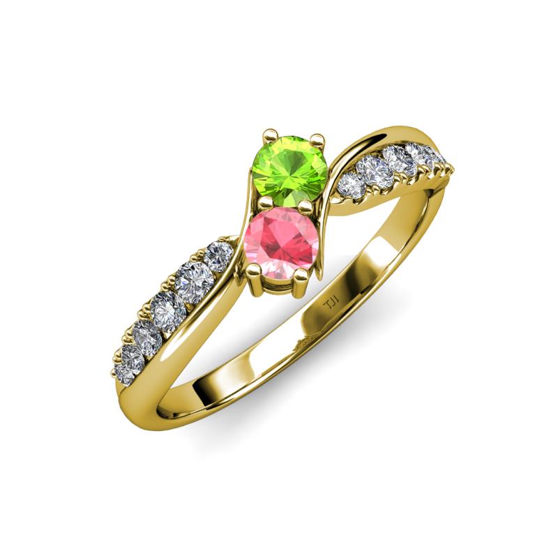 Nicia Peridot and Pink Tourmaline with Side Diamonds Bypass Ring 