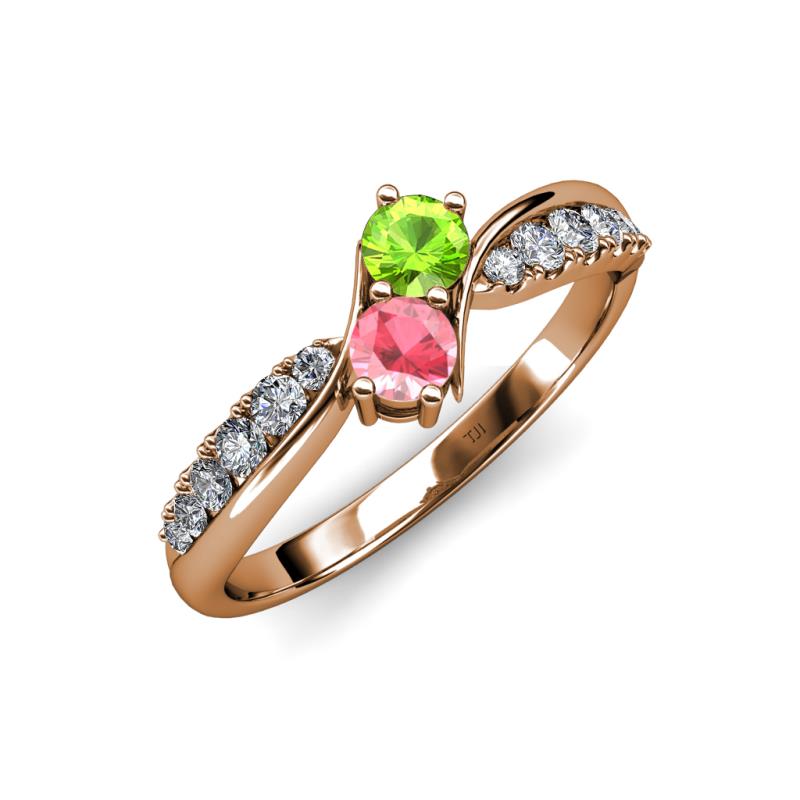 Nicia Peridot and Pink Tourmaline with Side Diamonds Bypass Ring 