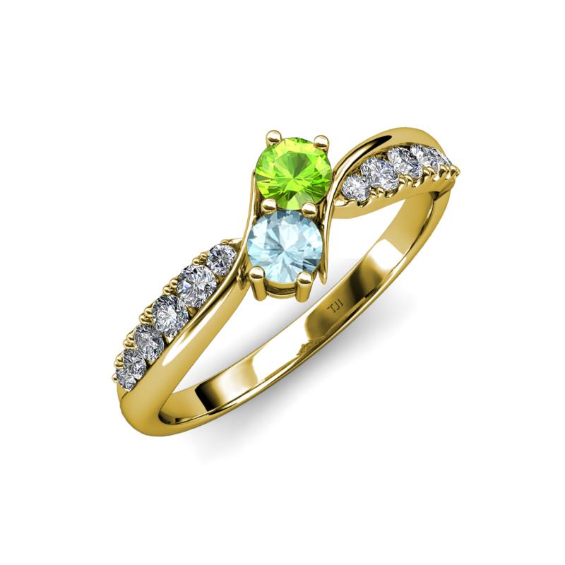 Nicia Peridot and Aquamarine with Side Diamonds Bypass Ring 