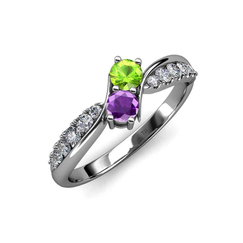 Nicia Peridot and Amethyst with Side Diamonds Bypass Ring 