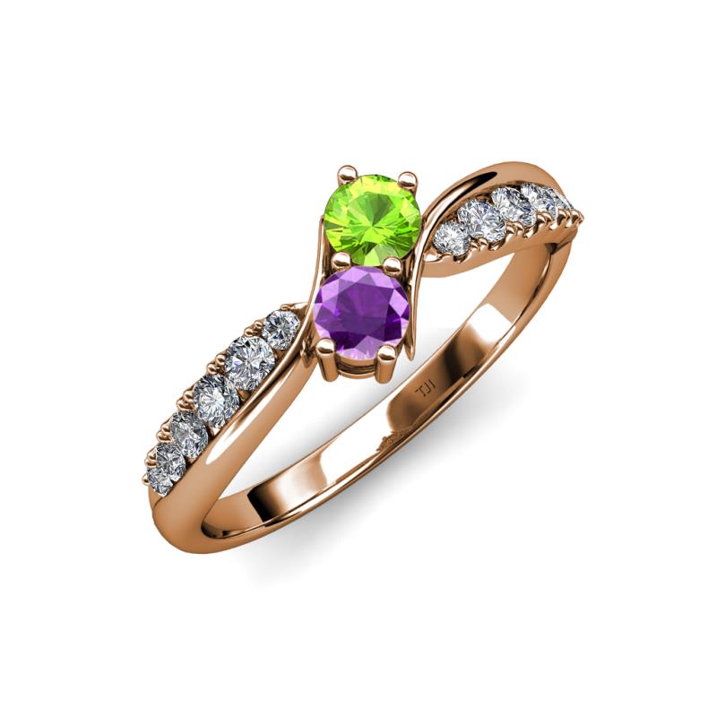 Nicia Peridot and Amethyst with Side Diamonds Bypass Ring 