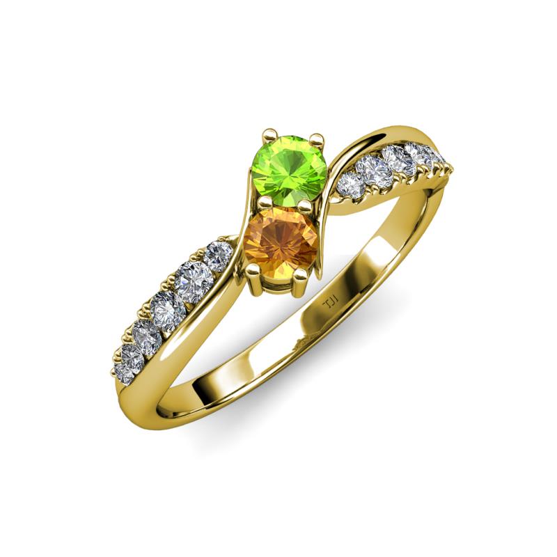Nicia Peridot and Citrine with Side Diamonds Bypass Ring 