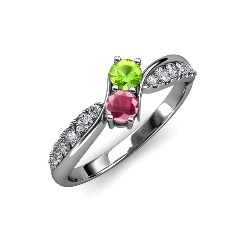 Nicia Peridot and Rhodolite Garnet with Side Diamonds Bypass Ring 