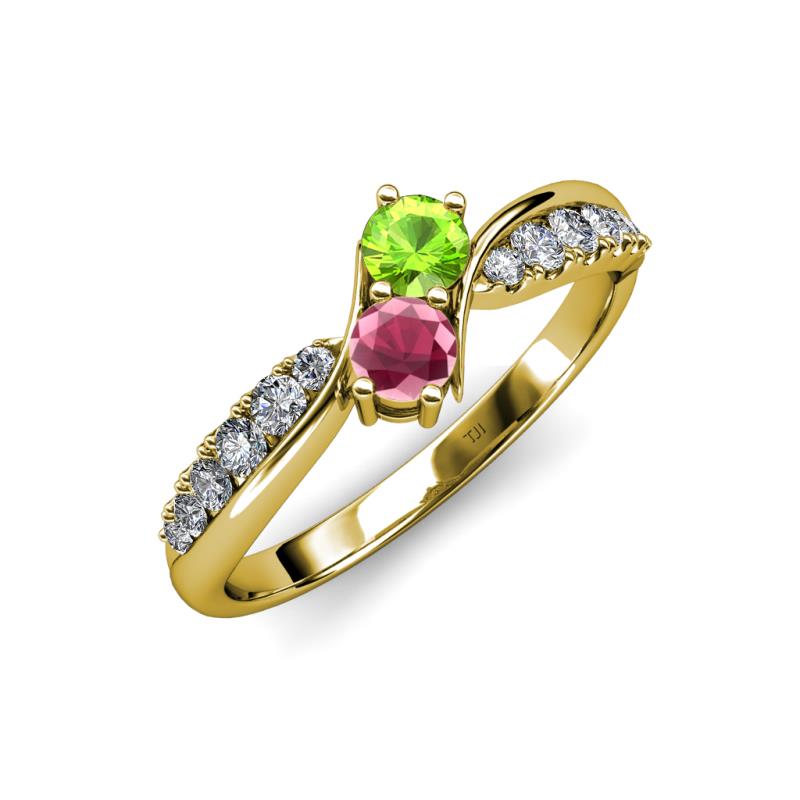 Nicia Peridot and Rhodolite Garnet with Side Diamonds Bypass Ring 