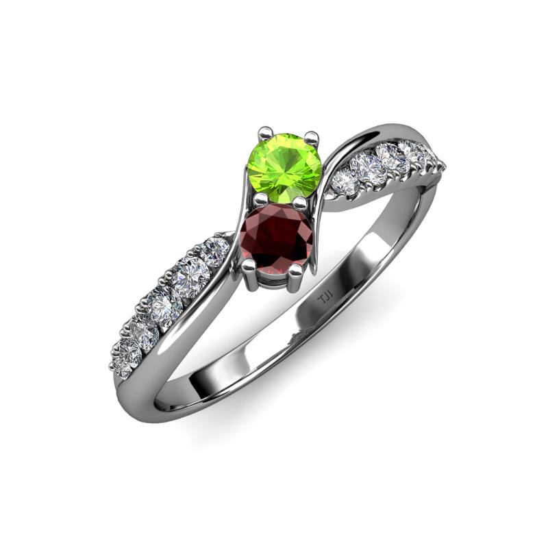 Nicia Peridot and Red Garnet with Side Diamonds Bypass Ring 