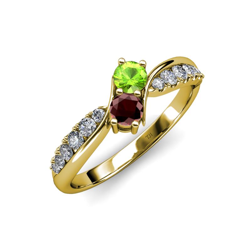 Nicia Peridot and Red Garnet with Side Diamonds Bypass Ring 