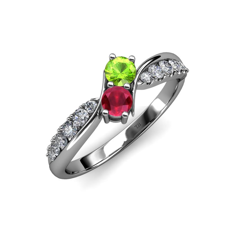 Nicia Peridot and Ruby with Side Diamonds Bypass Ring 