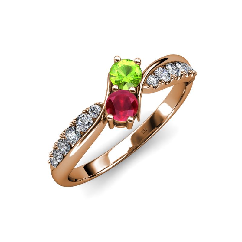 Nicia Peridot and Ruby with Side Diamonds Bypass Ring 