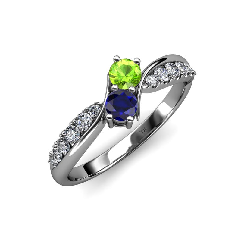 Nicia Peridot and Blue Sapphire with Side Diamonds Bypass Ring 