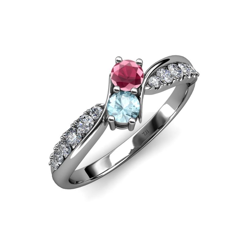 Nicia Rhodolite Garnet and Aquamarine with Side Diamonds Bypass Ring 