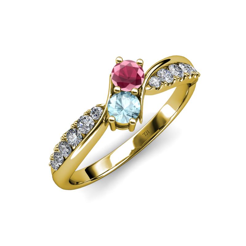 Nicia Rhodolite Garnet and Aquamarine with Side Diamonds Bypass Ring 