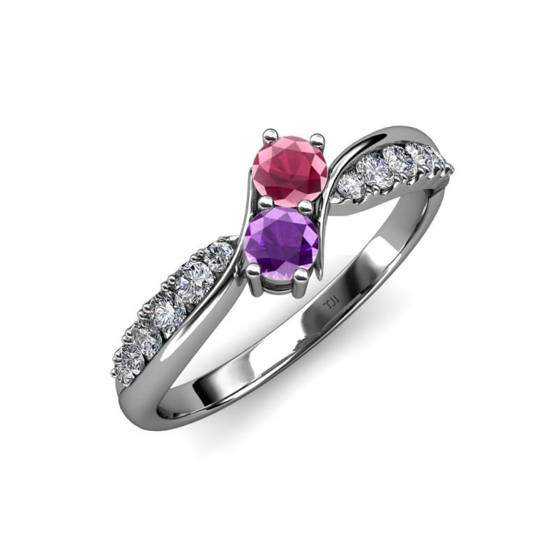 Nicia Rhodolite Garnet and Amethyst with Side Diamonds Bypass Ring 