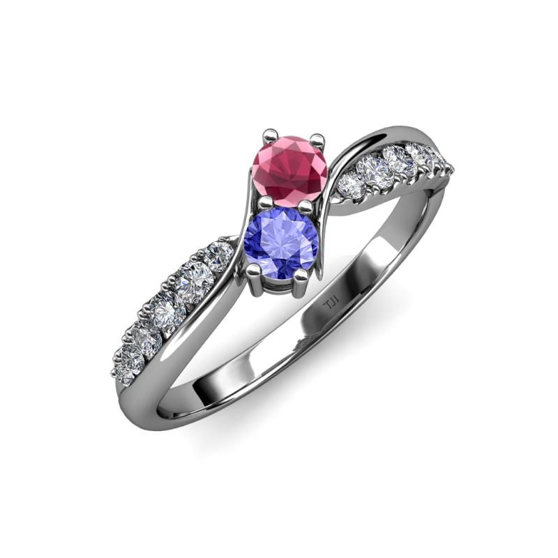 Nicia Rhodolite Garnet and Tanzanite with Side Diamonds Bypass Ring 