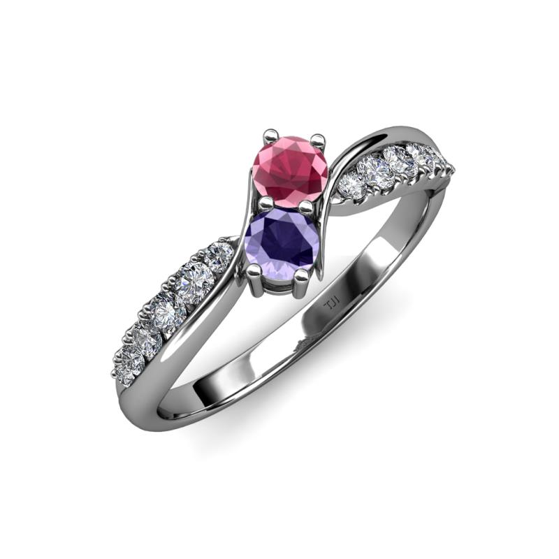 Nicia Rhodolite Garnet and Iolite with Side Diamonds Bypass Ring 