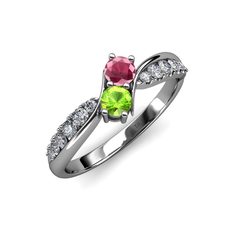 Nicia Rhodolite Garnet and Peridot with Side Diamonds Bypass Ring 