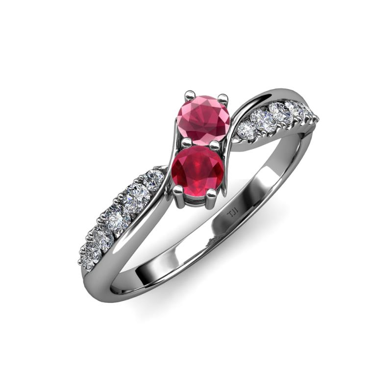 Nicia Rhodolite Garnet and Ruby with Side Diamonds Bypass Ring 