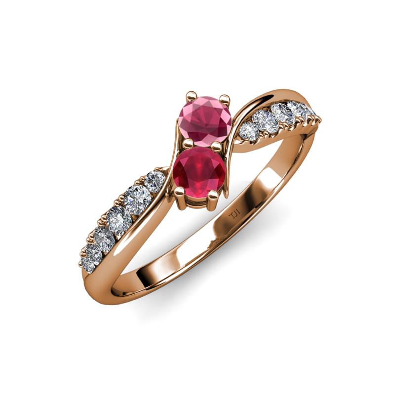 Nicia Rhodolite Garnet and Ruby with Side Diamonds Bypass Ring 