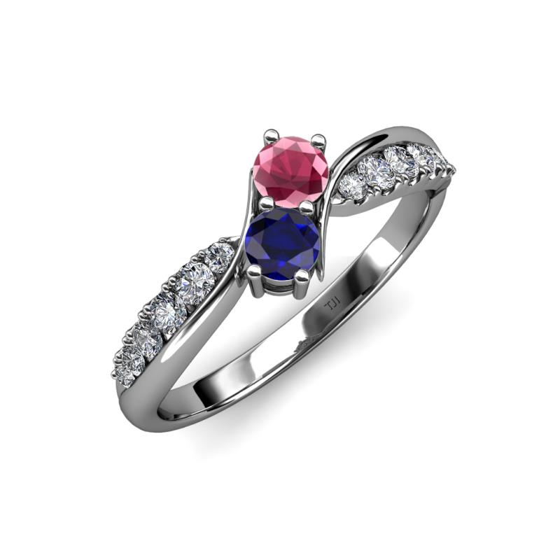 Nicia Rhodolite Garnet and Blue Sapphire with Side Diamonds Bypass Ring 