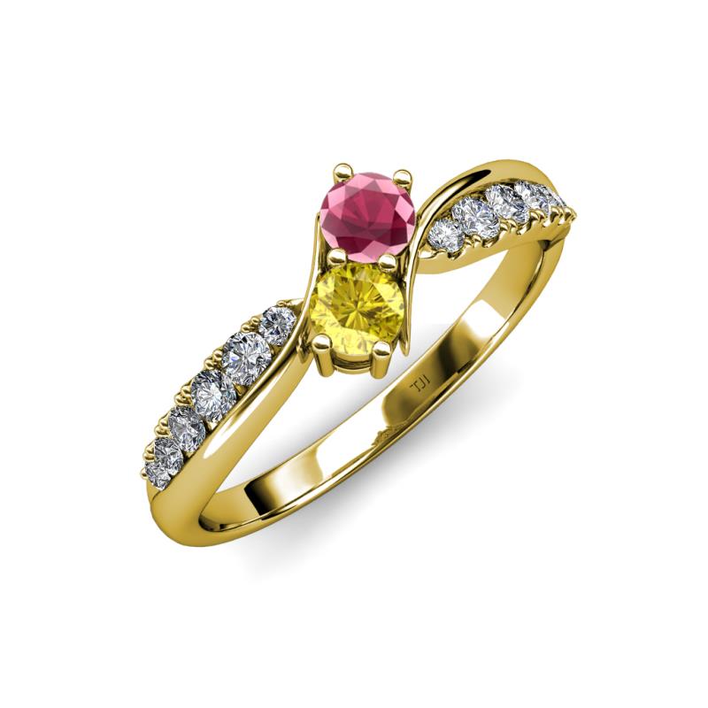 Nicia Rhodolite Garnet and Yellow Sapphire with Side Diamonds Bypass Ring 
