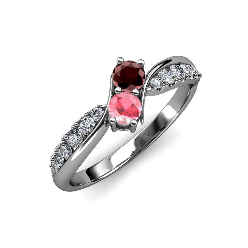 Nicia Red Garnet and Pink Tourmaline with Side Diamonds Bypass Ring 