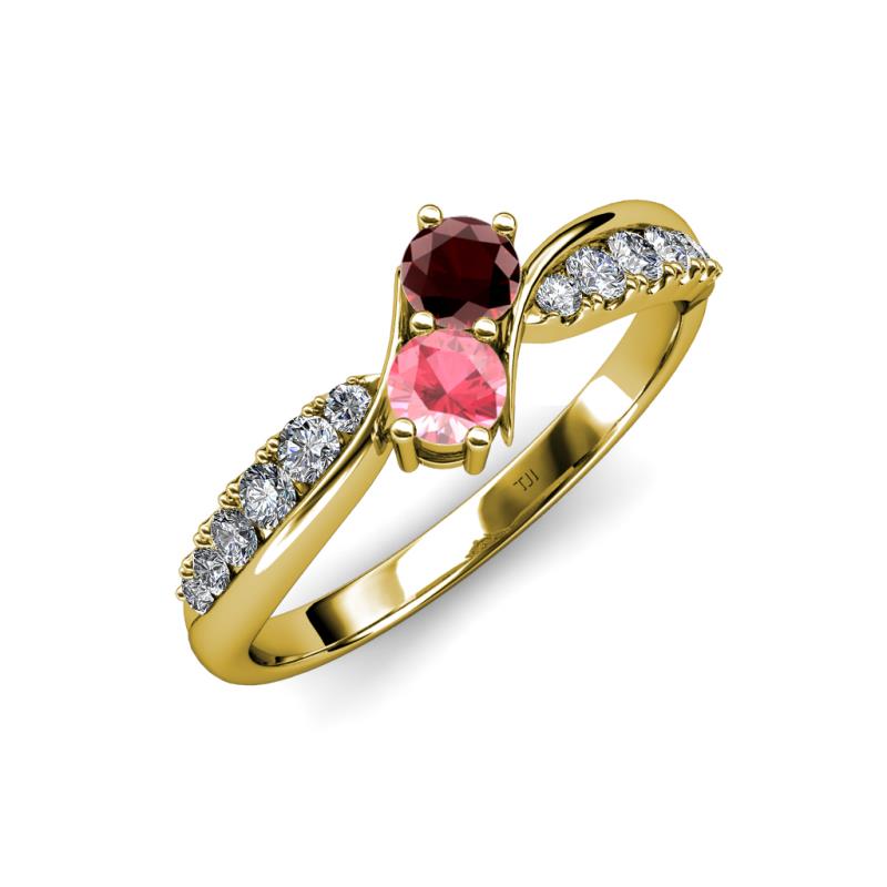 Nicia Red Garnet and Pink Tourmaline with Side Diamonds Bypass Ring 