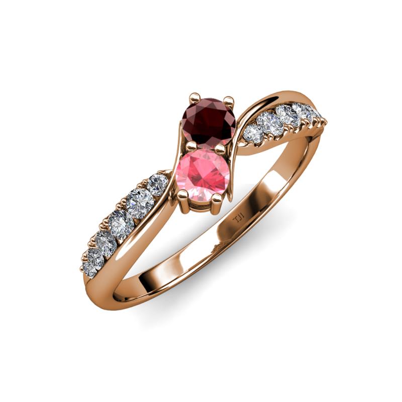 Nicia Red Garnet and Pink Tourmaline with Side Diamonds Bypass Ring 