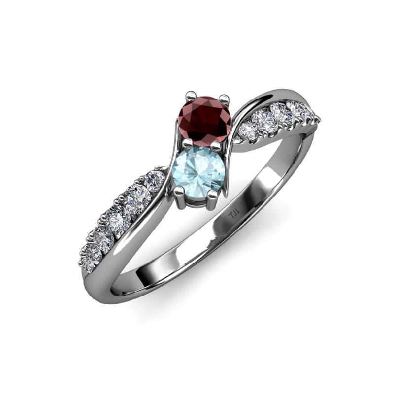 Nicia Red Garnet and Aquamarine with Side Diamonds Bypass Ring 
