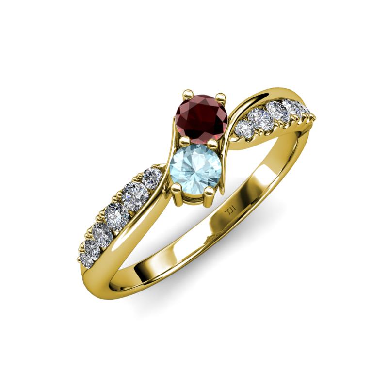Nicia Red Garnet and Aquamarine with Side Diamonds Bypass Ring 