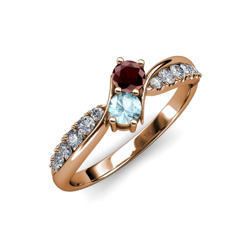 Nicia Red Garnet and Aquamarine with Side Diamonds Bypass Ring 